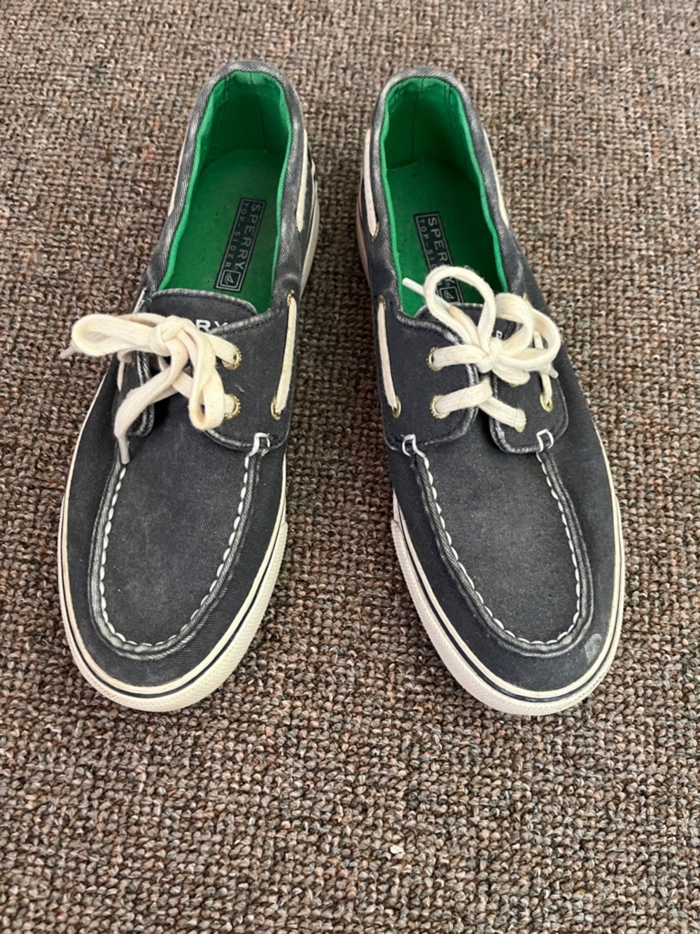 Sperry Canvas Boat Shoes with Cream Laces and Green Insole